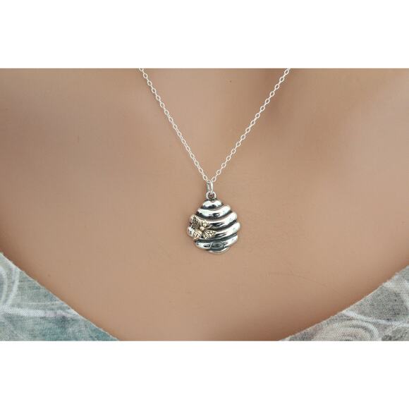 Sterling Silver Beehive Charm with Bronze Bee Silver Beehive Necklace - Picture 2 of 4